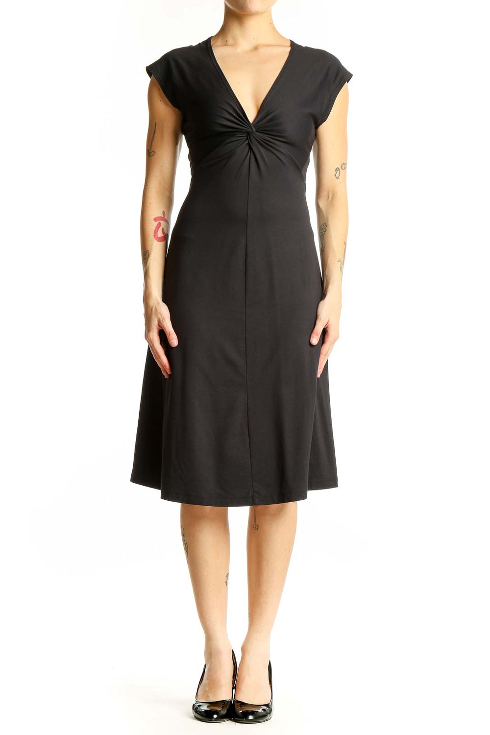 Front view of black Patagonia V-neck midi dress with twist-front detail