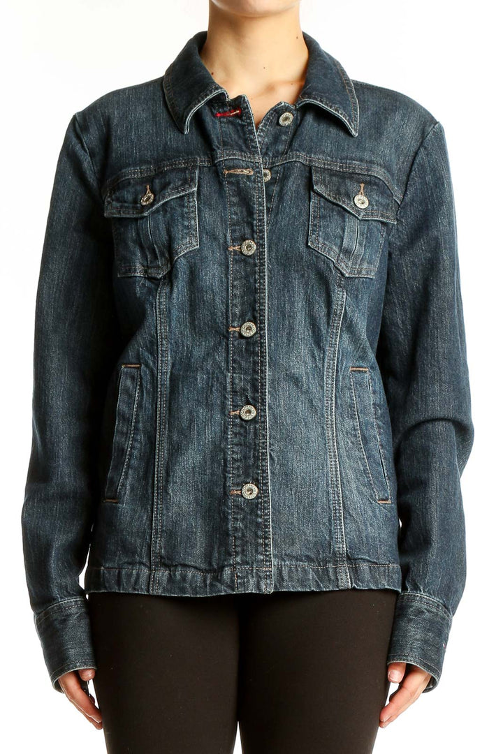 Front view of Tommy Hilfiger dark blue denim jacket with button-up closure and chest pockets