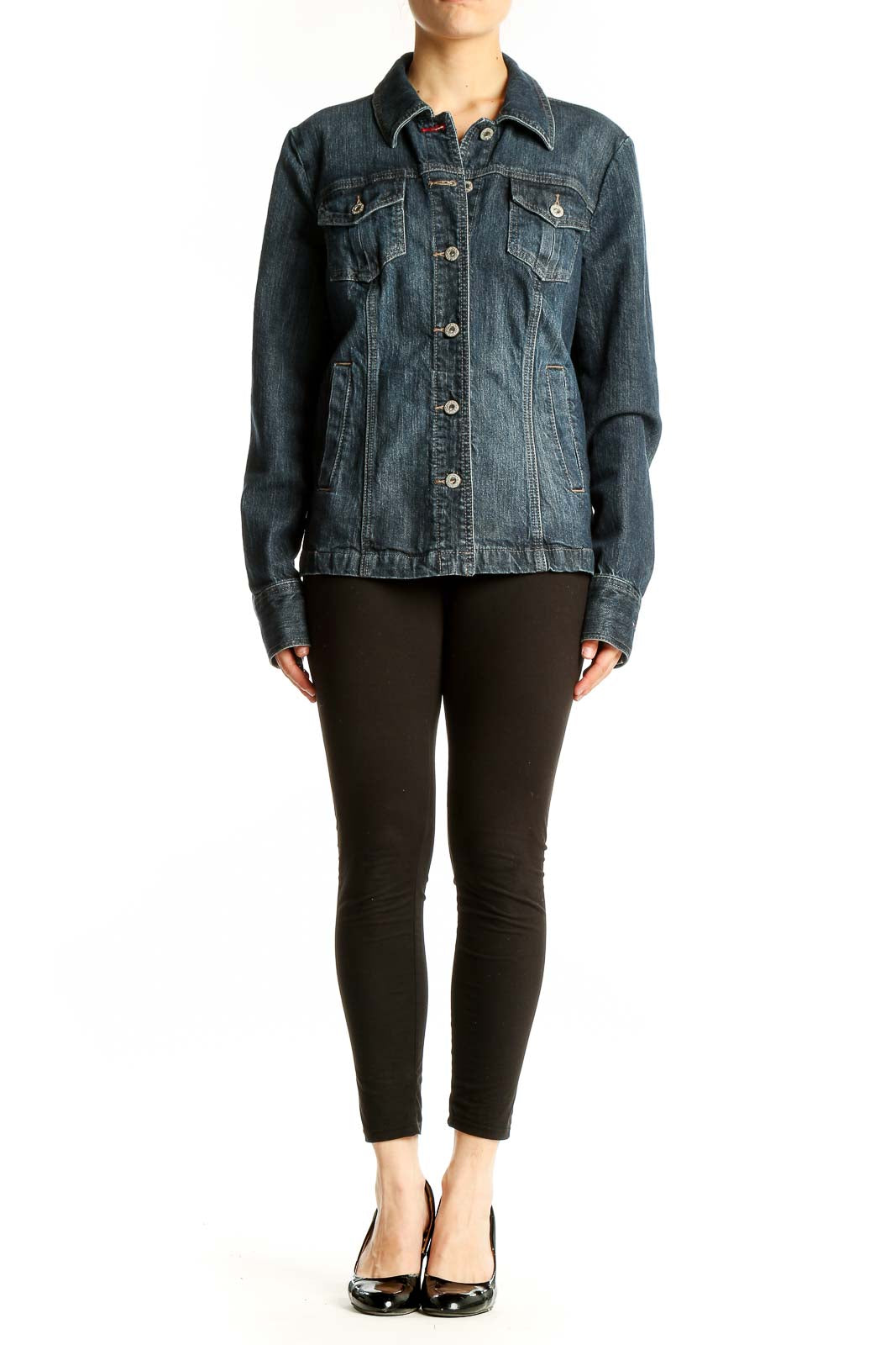 Front view of Tommy Hilfiger dark blue denim jacket with button-up closure and chest pockets