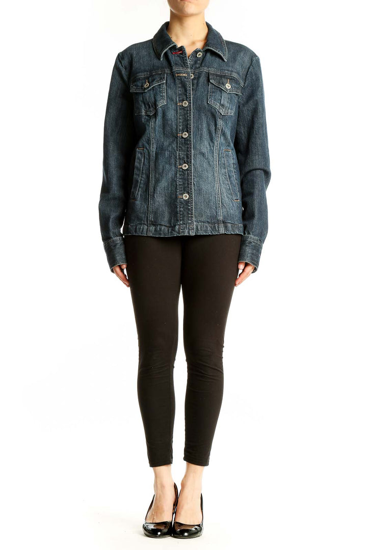 Front view of Tommy Hilfiger dark blue denim jacket with button-up closure and chest pockets