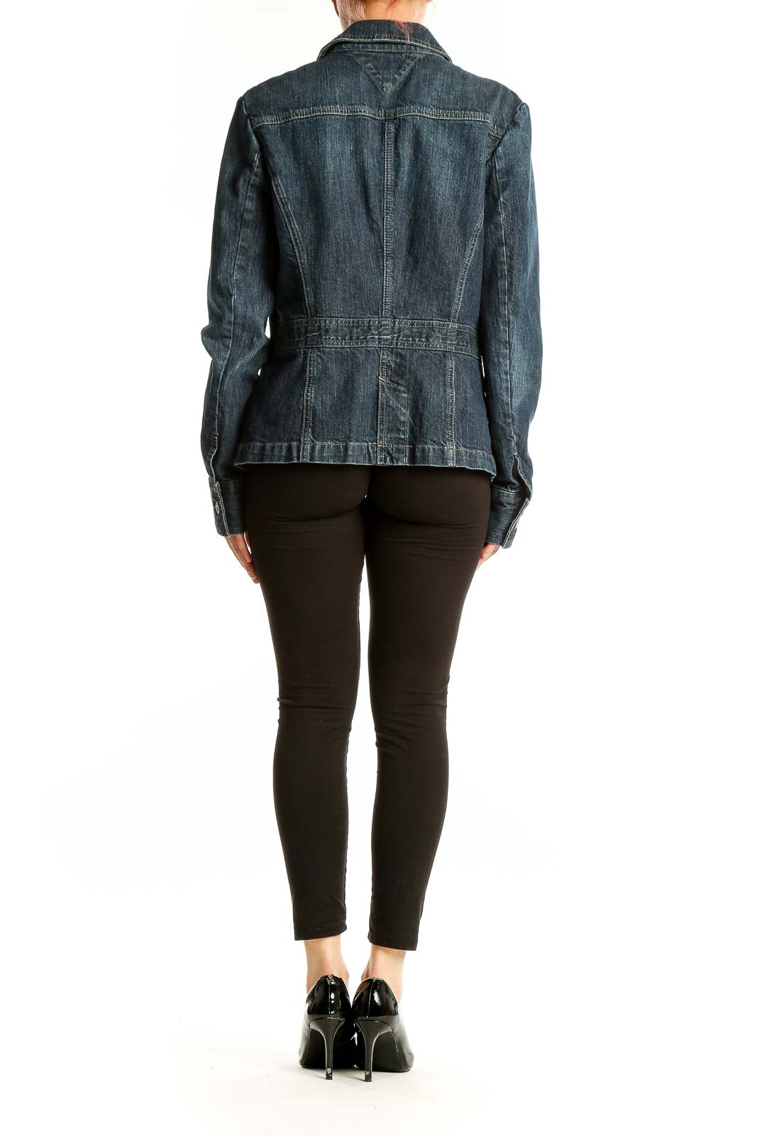 Back view of Tommy Hilfiger dark blue denim jacket showing classic cut and stitching details