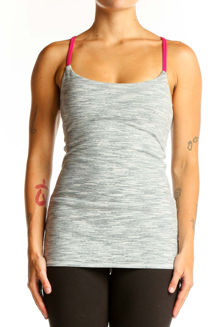 Front view of gray heathered Lululemon athletic tank top with pink straps
