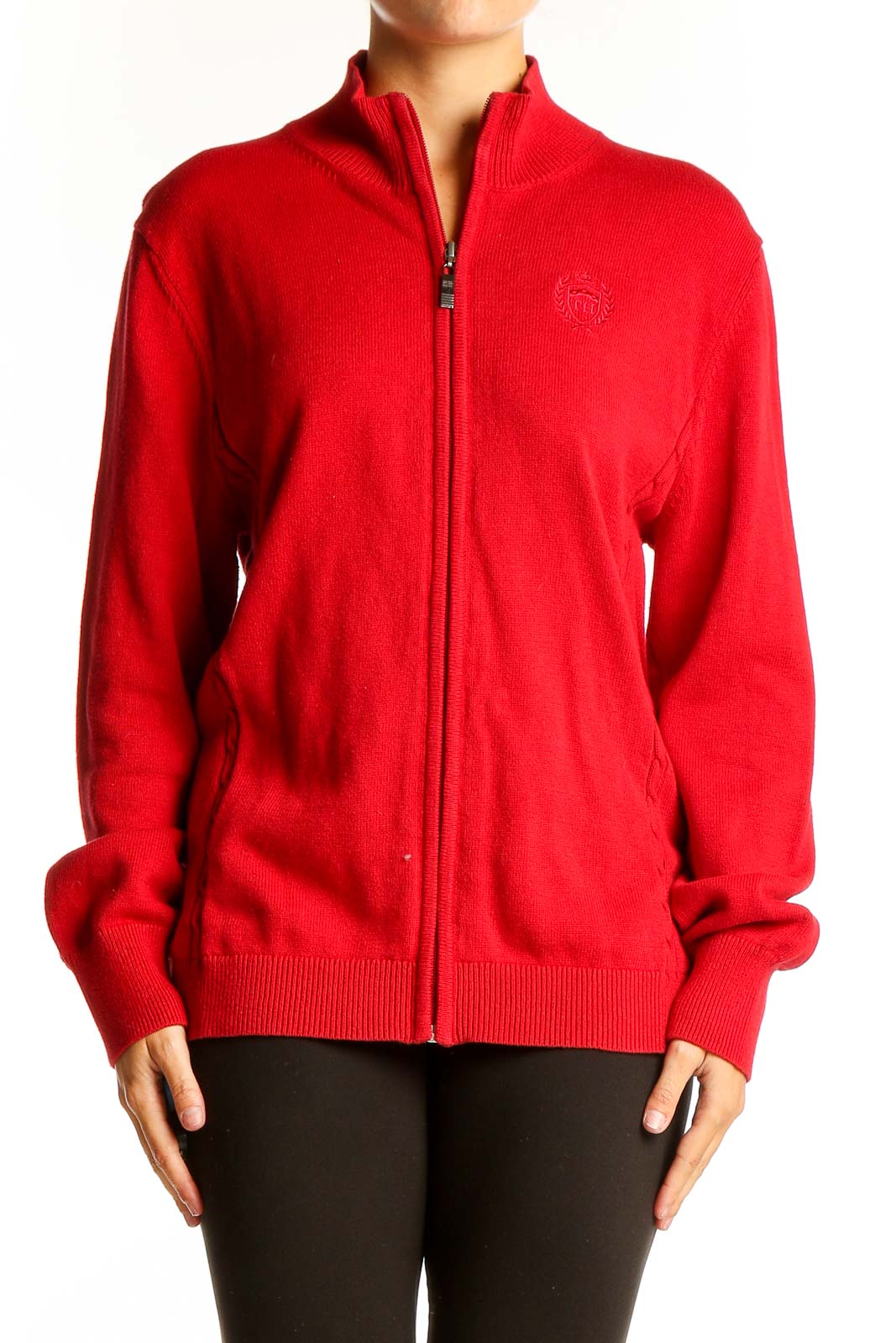 Front view of red Tommy Hilfiger zip-up knit cardigan