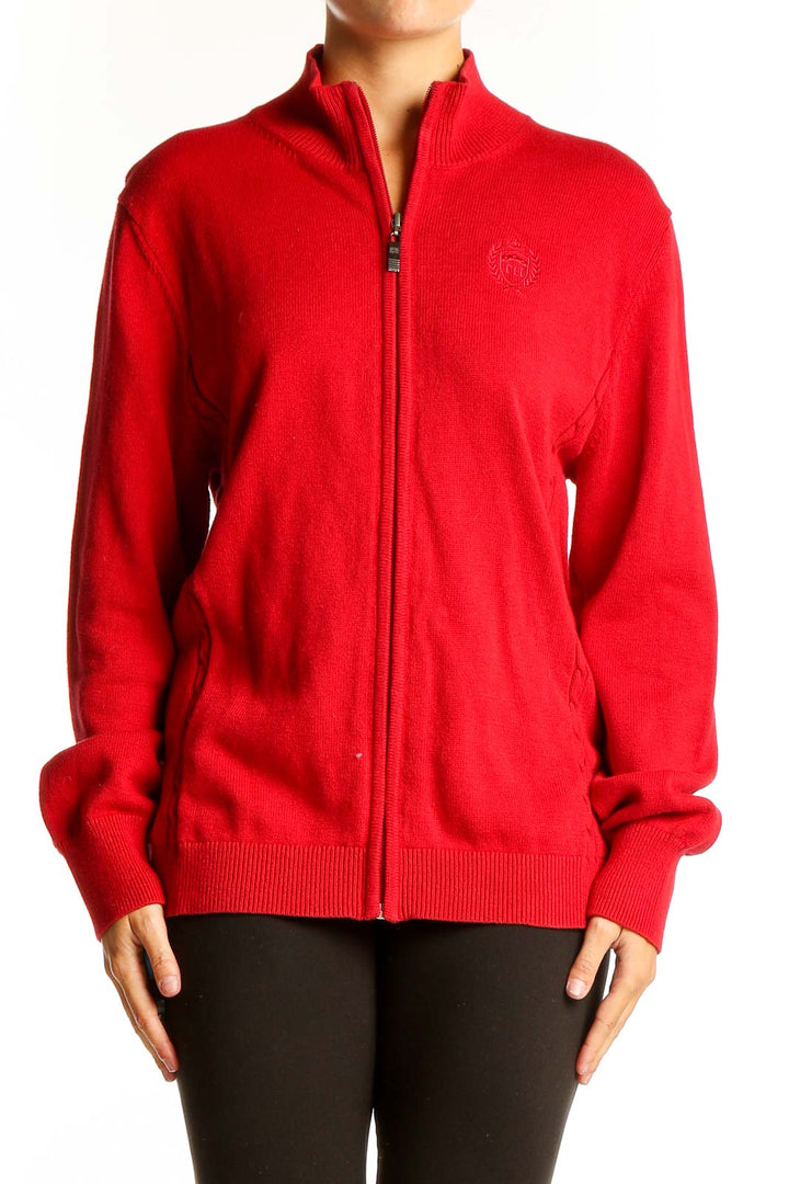 Front view of red Tommy Hilfiger zip-up knit cardigan