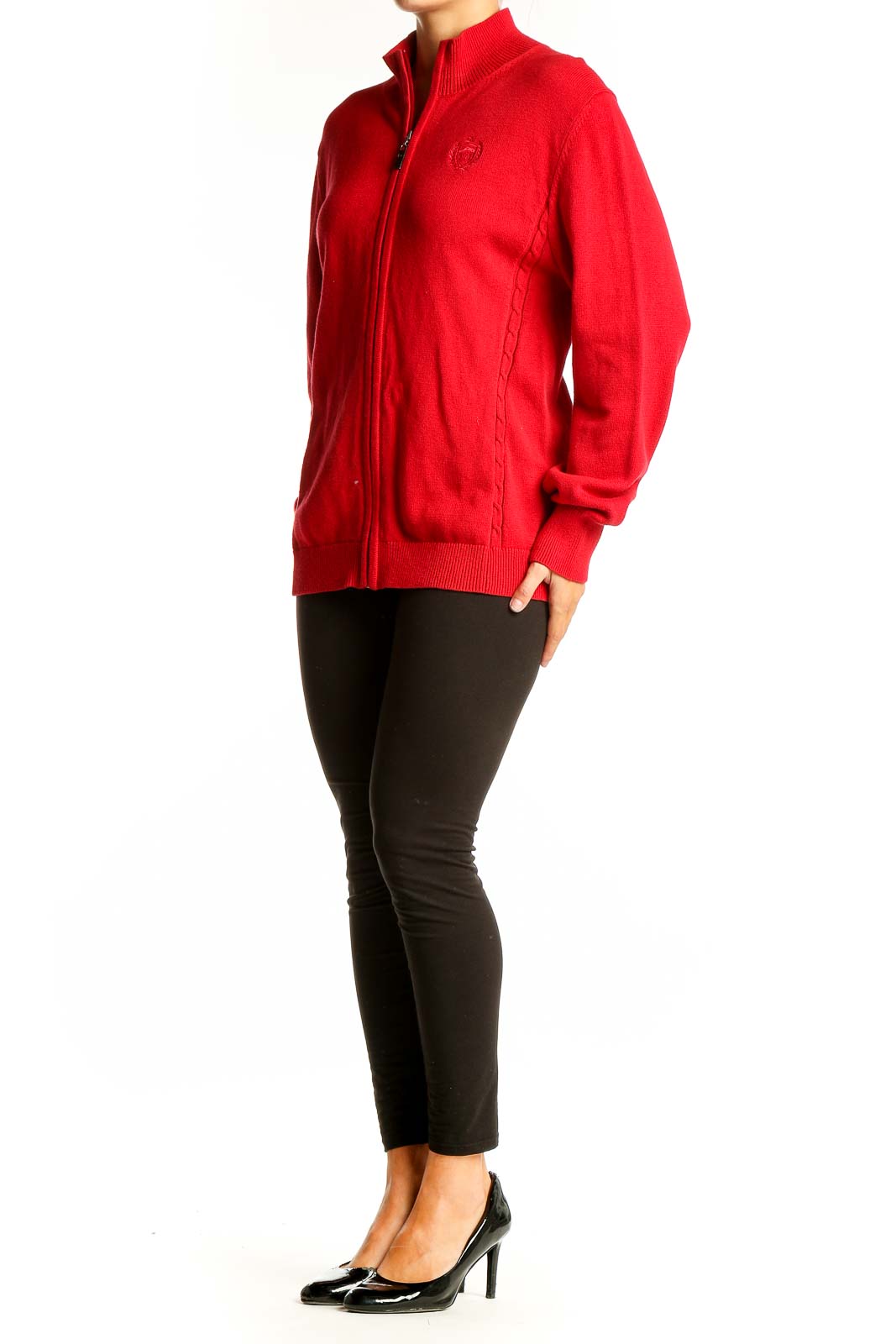 Front view of red Tommy Hilfiger zip-up knit cardigan