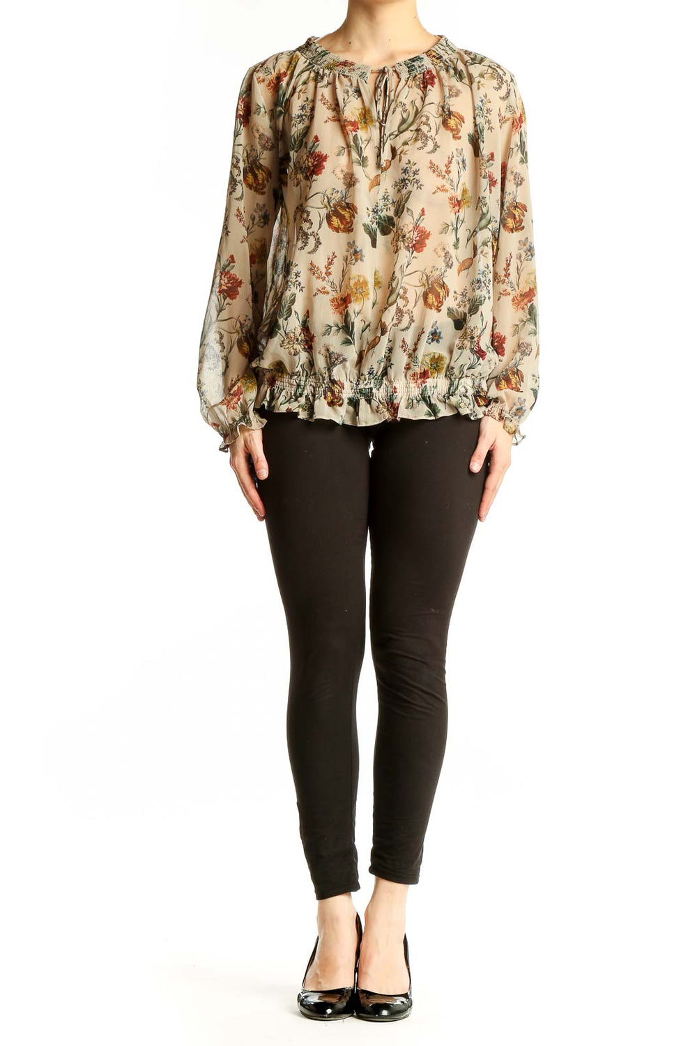 Front view of Zara Basic beige floral print peasant blouse with gathered neckline