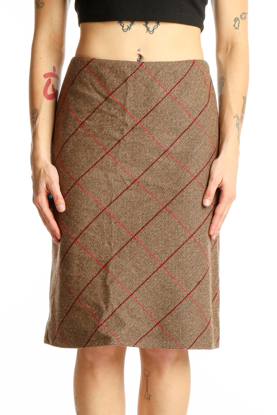 Front view of Ann Taylor LOFT brown plaid pencil skirt with red diagonal lines