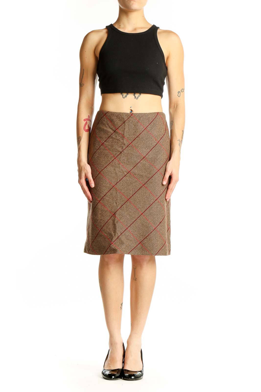 Front view of Ann Taylor LOFT brown plaid pencil skirt with red diagonal lines