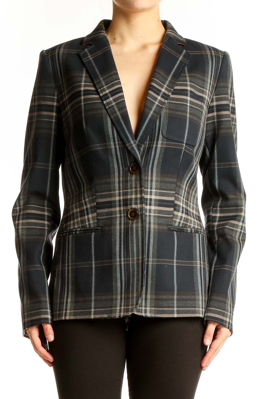 Front view of Tommy Hilfiger navy plaid blazer with notched lapel and two-button closure