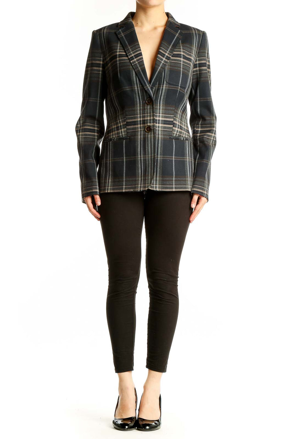 Front view of Tommy Hilfiger navy plaid blazer with notched lapel and two-button closure