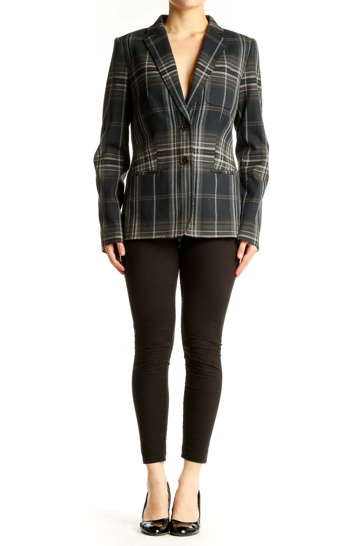 Front view of Tommy Hilfiger navy plaid blazer with notched lapel and two-button closure