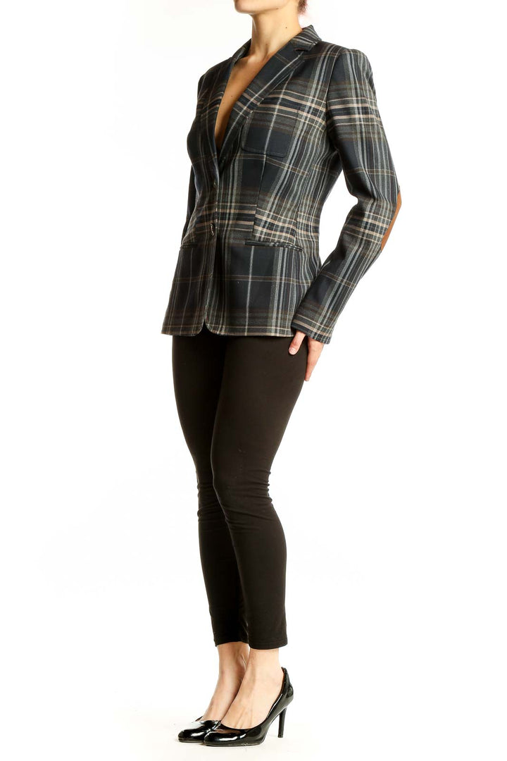 Front view of Tommy Hilfiger navy plaid blazer with notched lapel and two-button closure