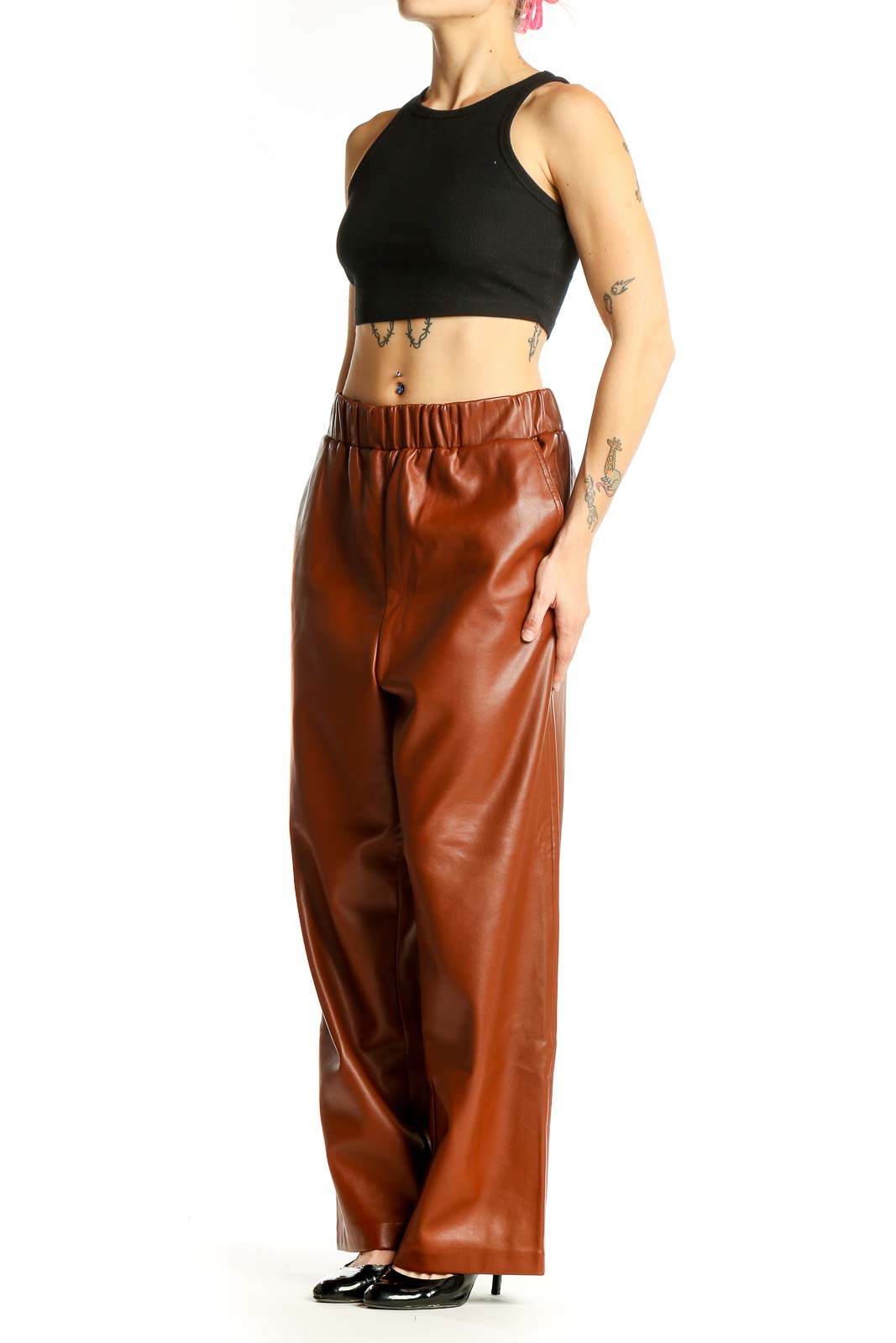 Front view of BLANKNYC brown faux leather wide-leg pants