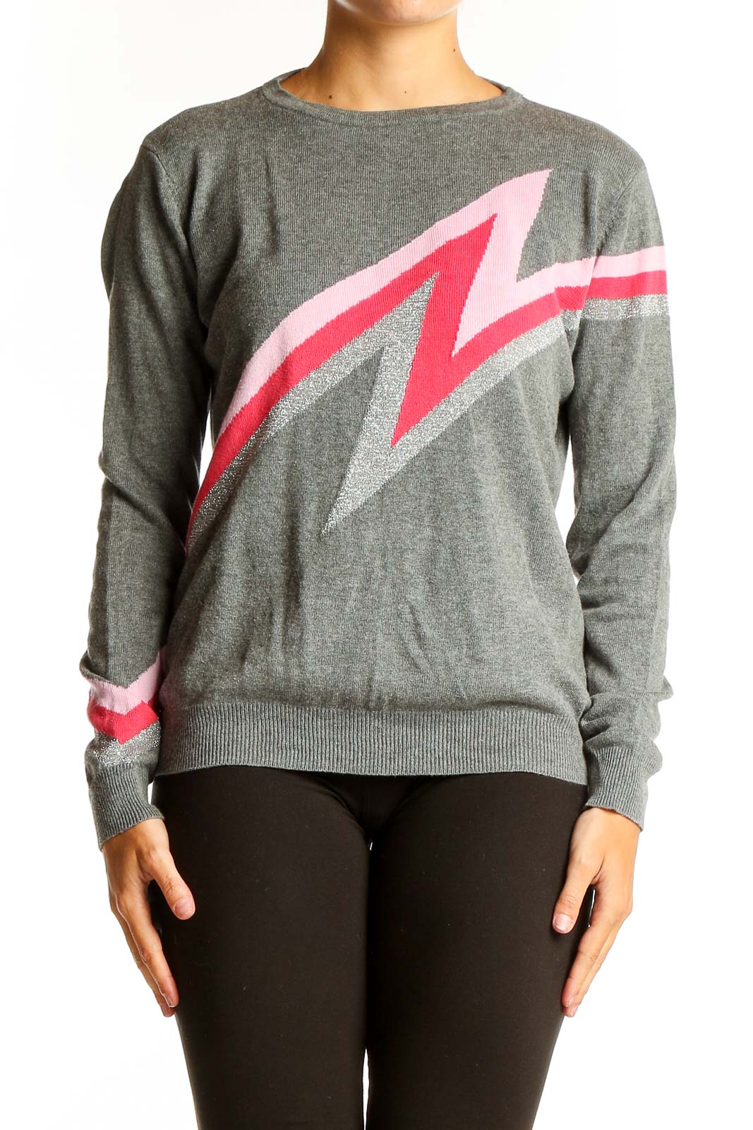 Front view of gray Sugarhill Brighton knit sweater with pink and red lightning bolt design