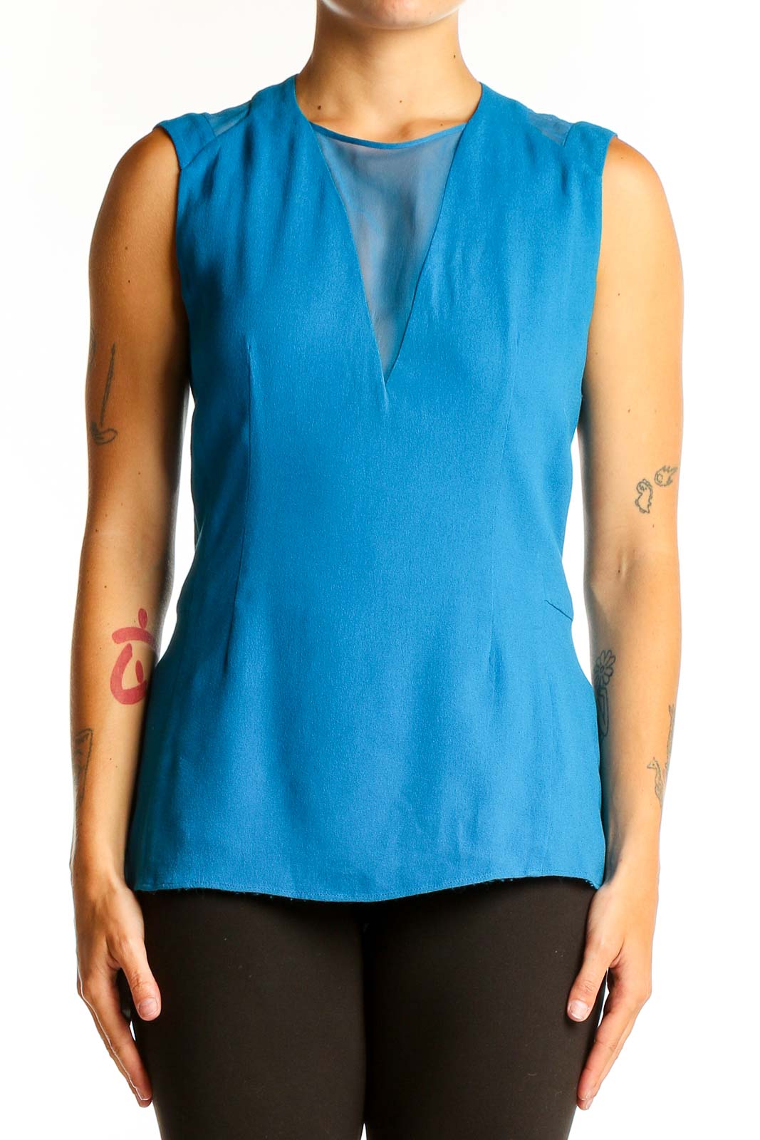 Front view of blue sleeveless Rebecca Taylor top with V-neck and sheer inset