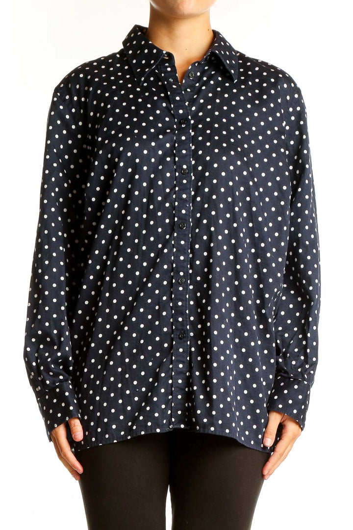 Front view of Lauren Ralph Lauren navy shirt with white polka dots