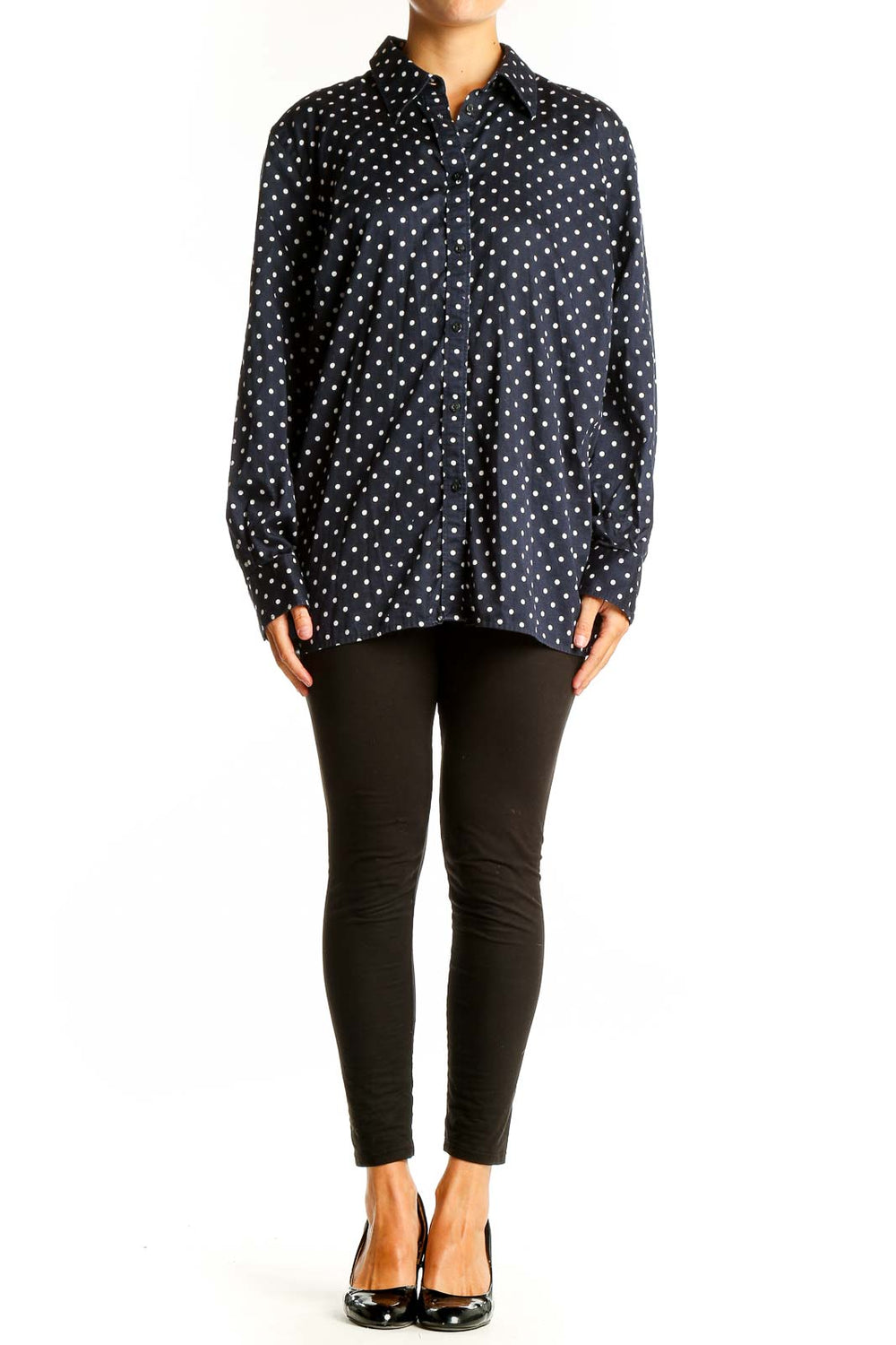 Front view of Lauren Ralph Lauren navy shirt with white polka dots