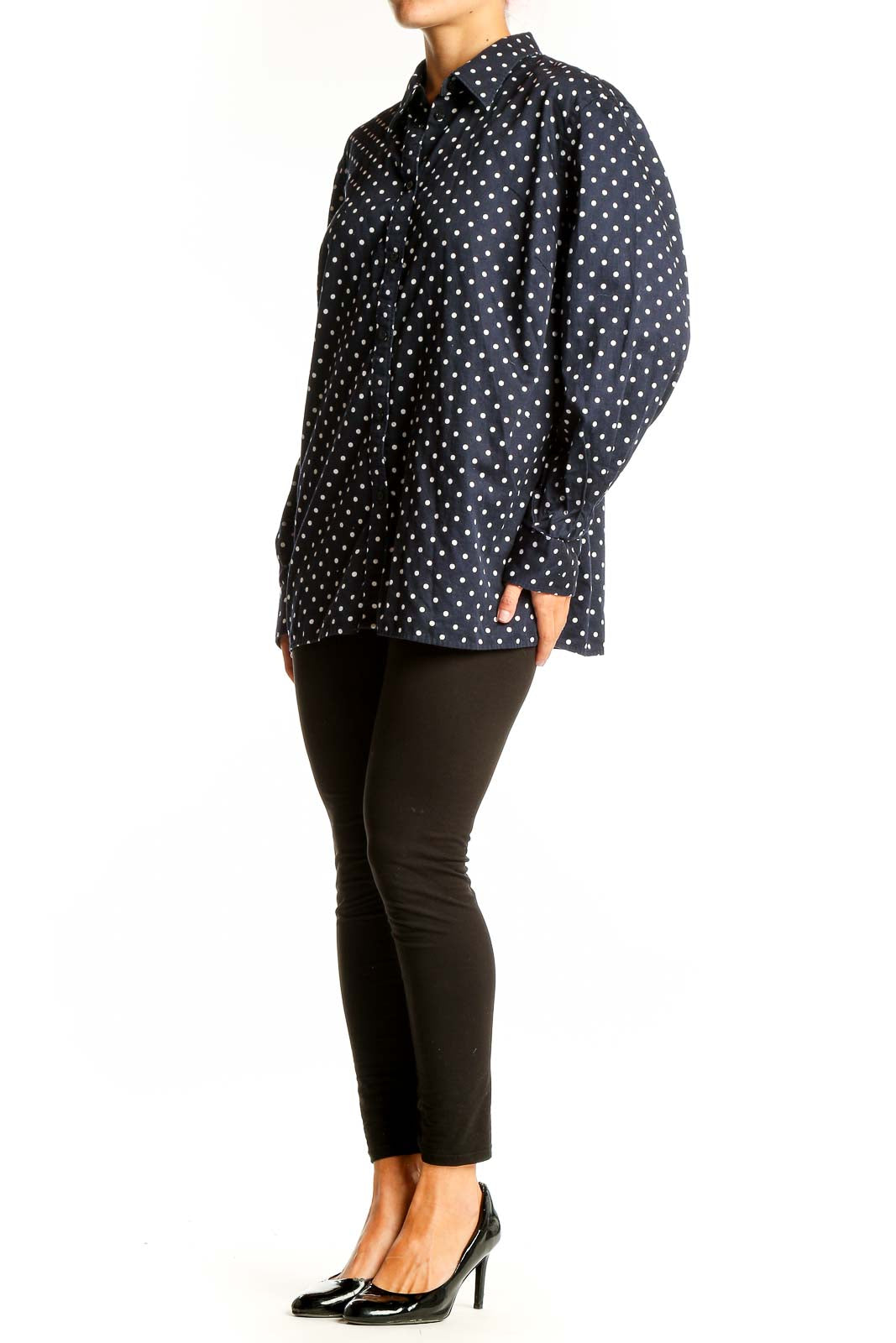 Front view of Lauren Ralph Lauren navy shirt with white polka dots