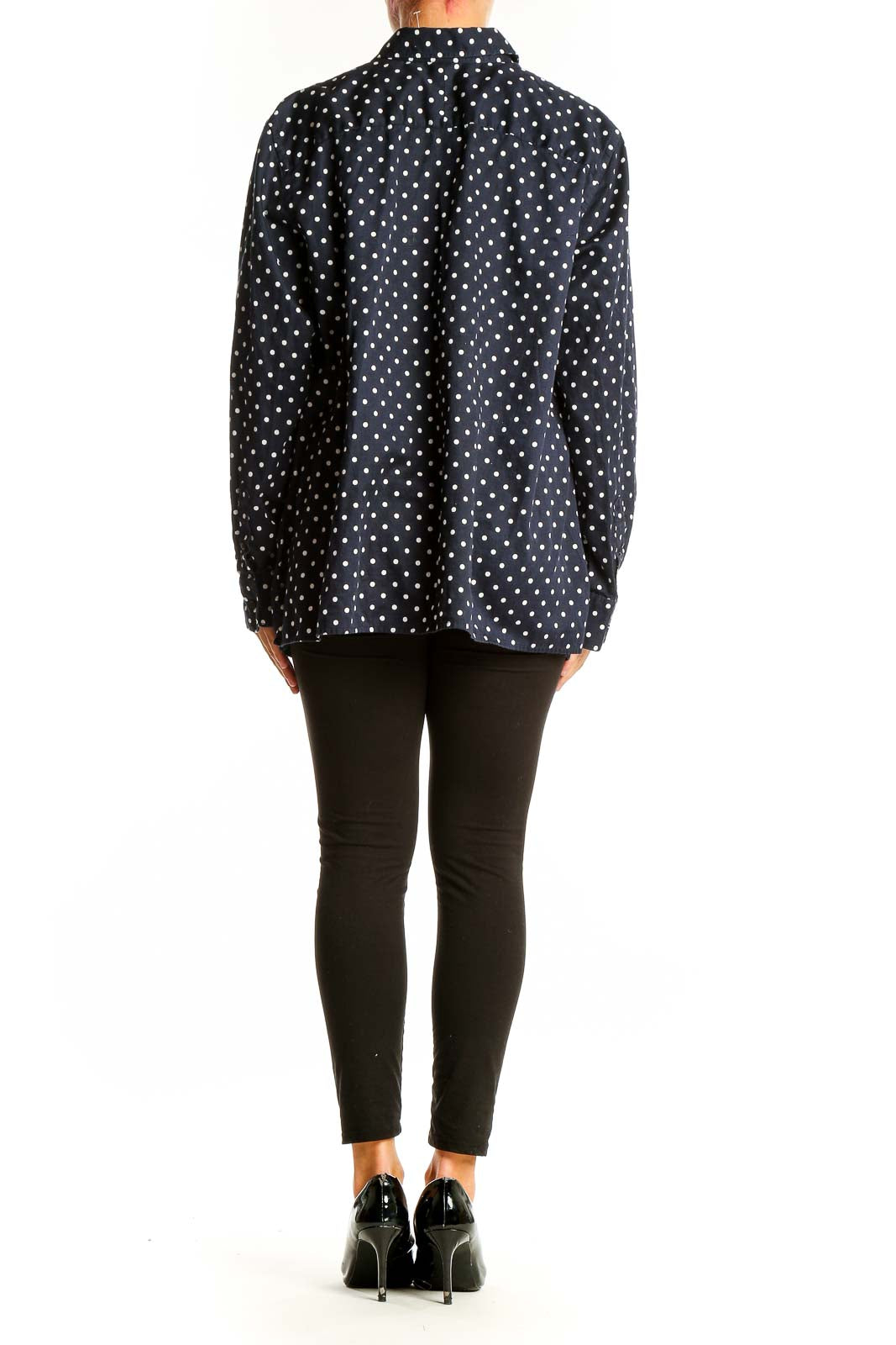 Back view of Lauren Ralph Lauren navy polka dot button-up shirt