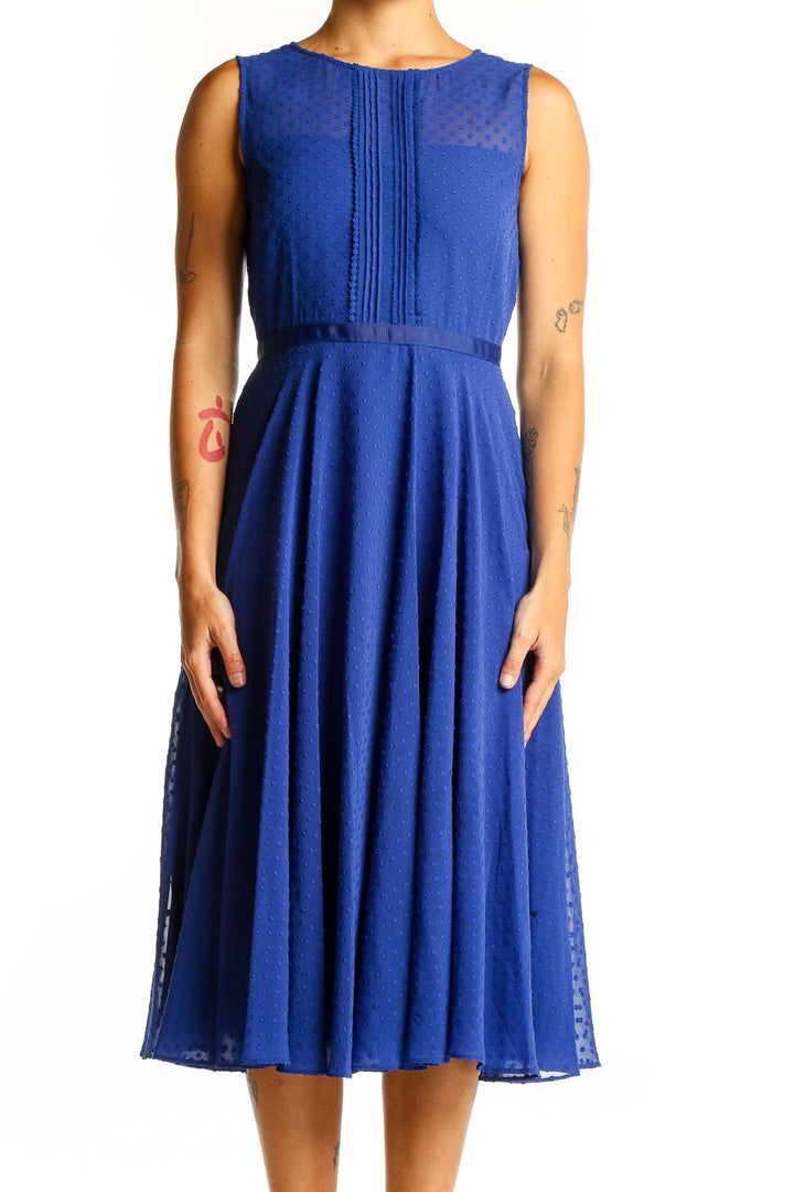 Front view of royal blue Hobbs London midi dress with pleated bodice