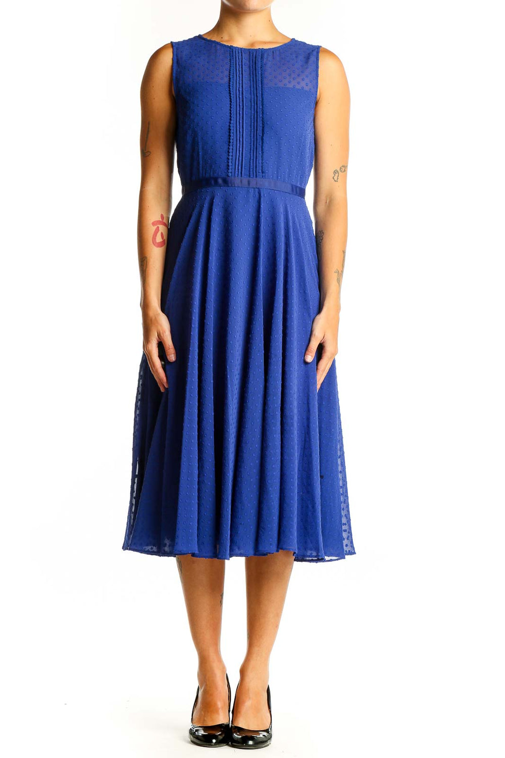 Front view of royal blue Hobbs London midi dress with pleated bodice