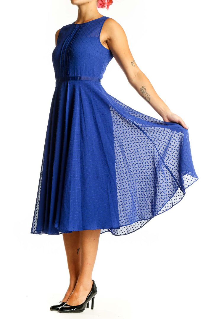Front view of royal blue Hobbs London midi dress with pleated bodice