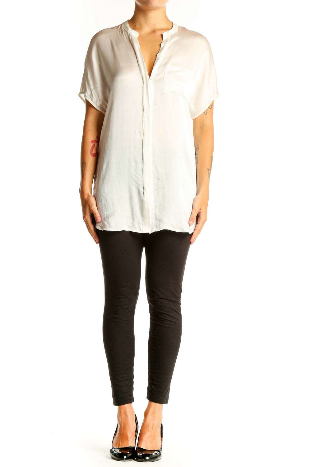 Front view of Vince white silk short-sleeve blouse