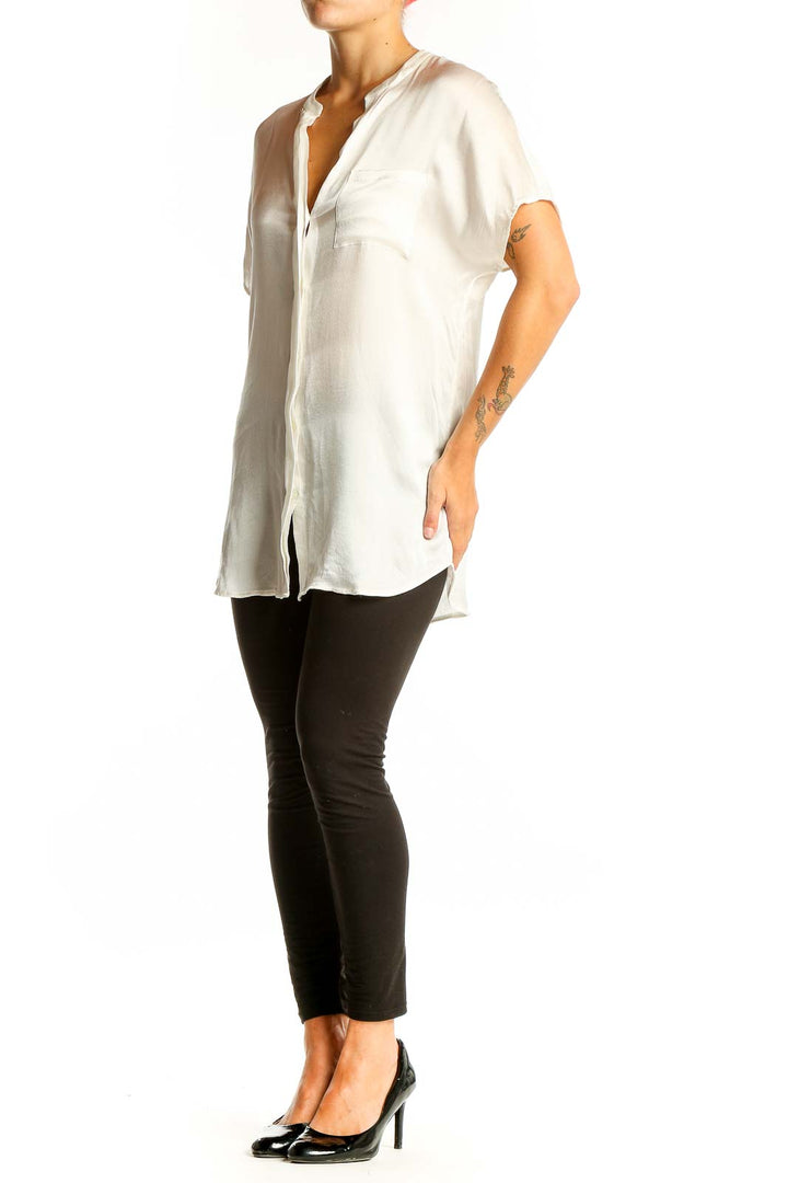 Front view of Vince white silk short-sleeve blouse