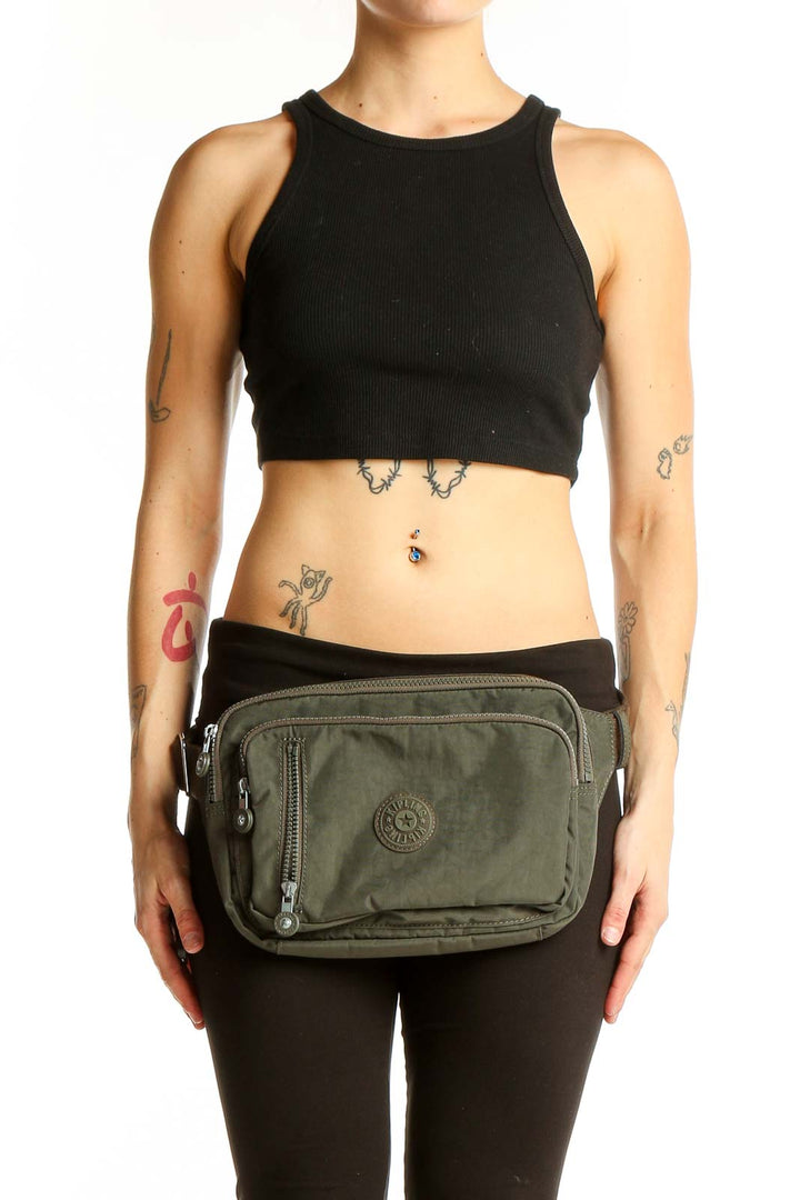 Front view of olive green Kipling crossbody bag with multiple zippered compartments