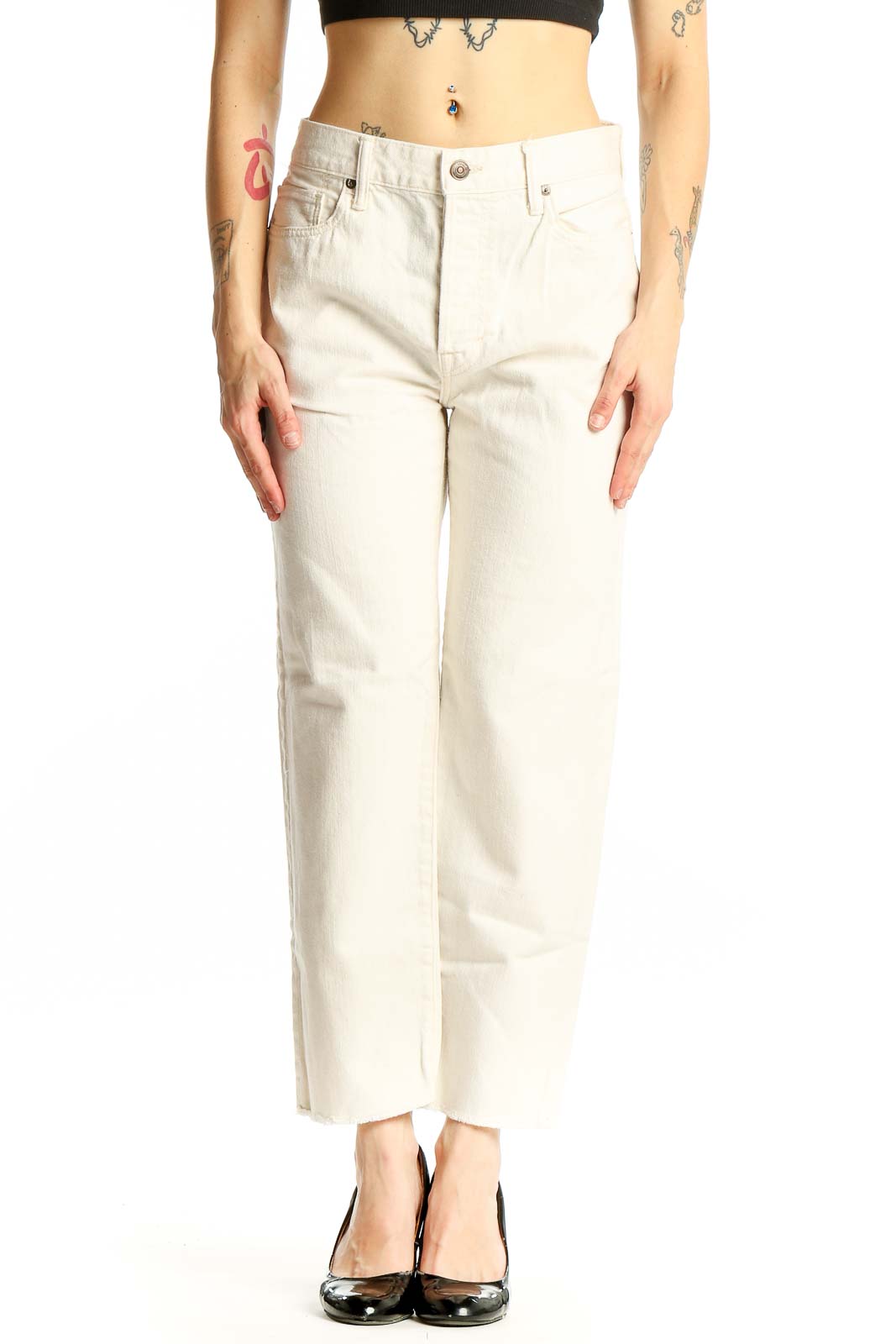 Front view of Vince cream cotton straight-leg jeans on model