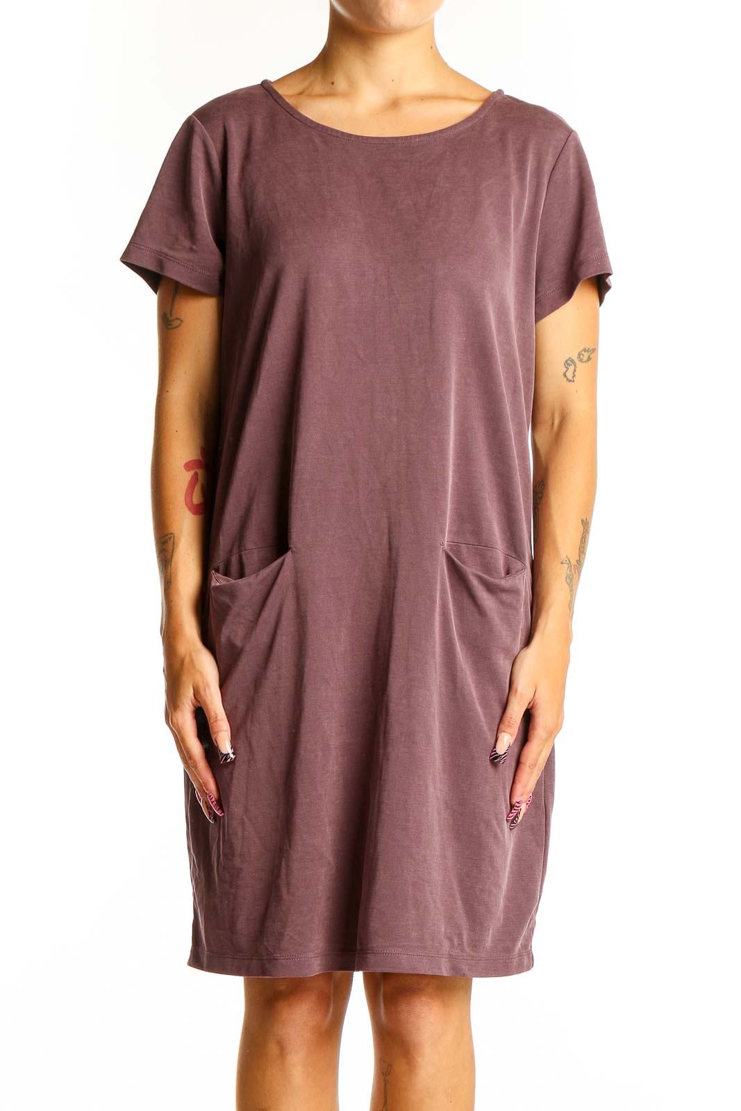 Front view of Tahari mauve t-shirt dress with relaxed fit and front pockets