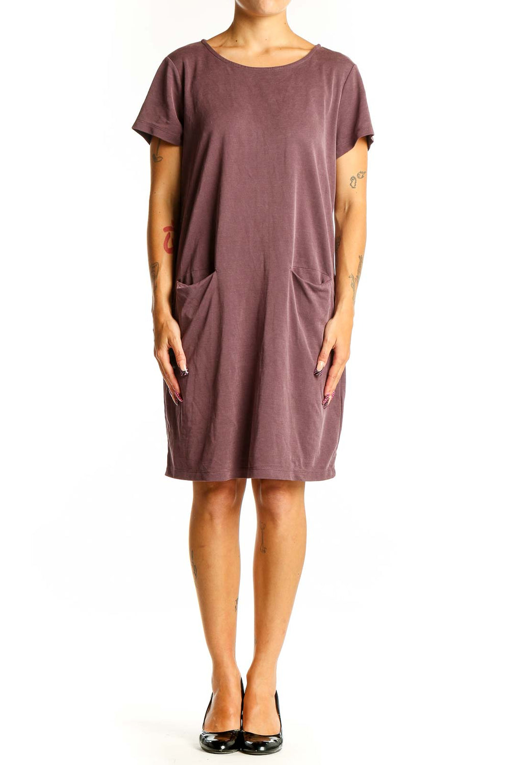 Front view of Tahari mauve t-shirt dress with relaxed fit and front pockets
