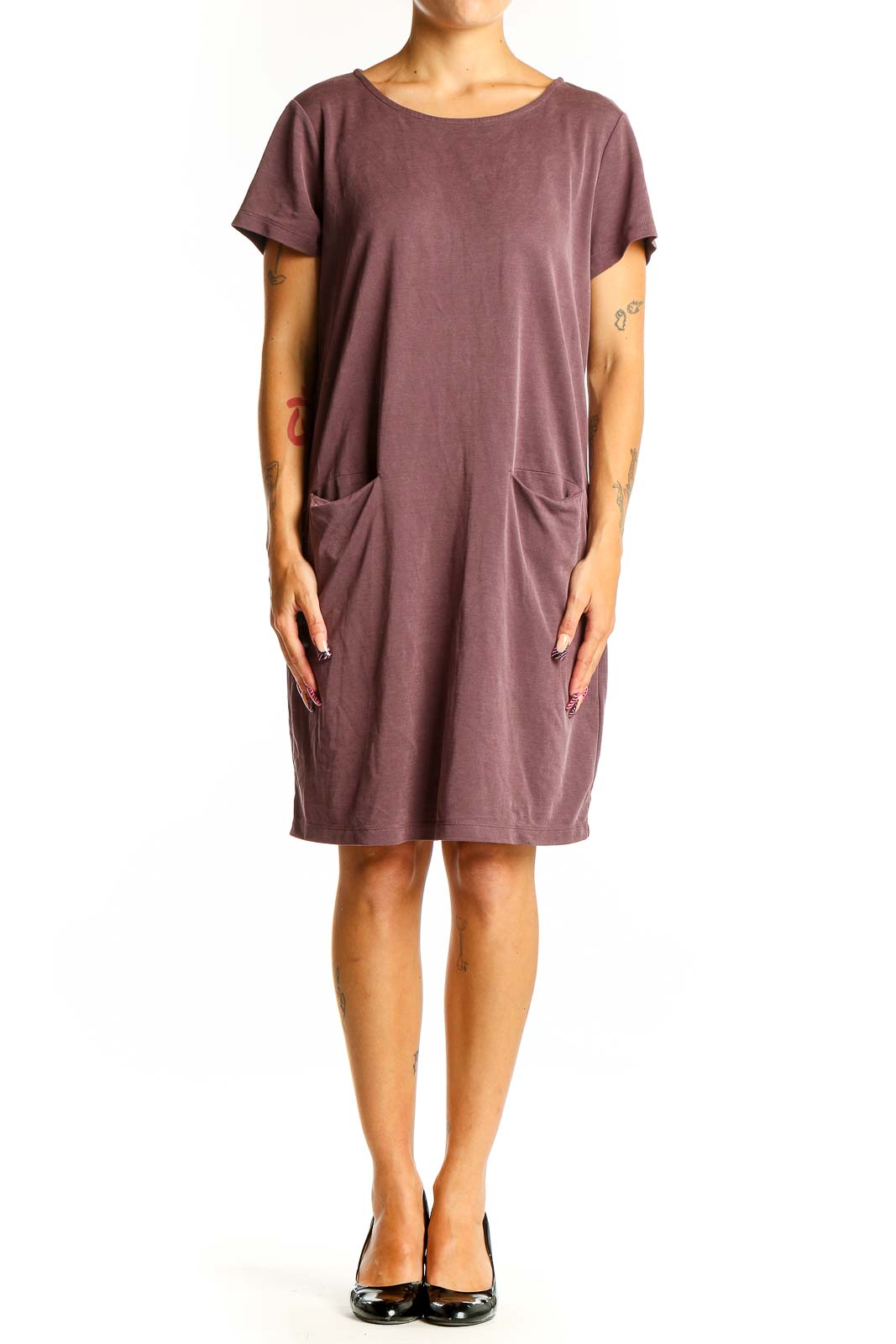 Front view of Tahari mauve t-shirt dress with relaxed fit and front pockets