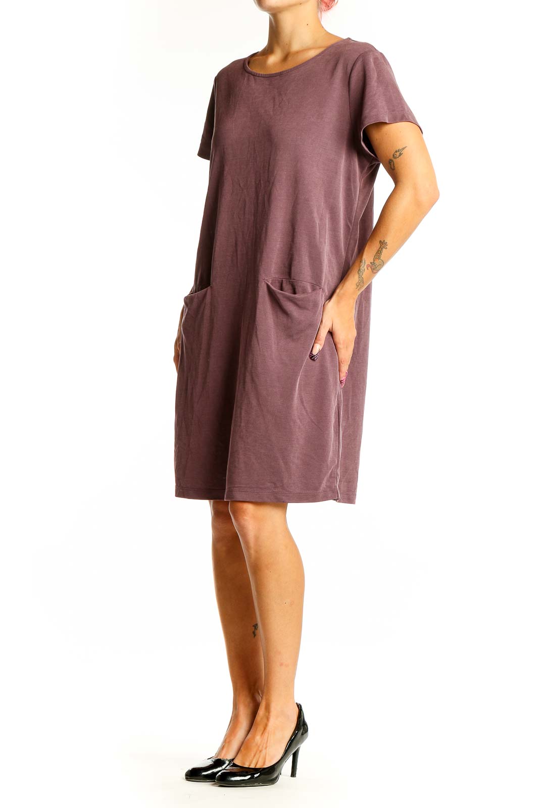 Front view of Tahari mauve t-shirt dress with relaxed fit and front pockets