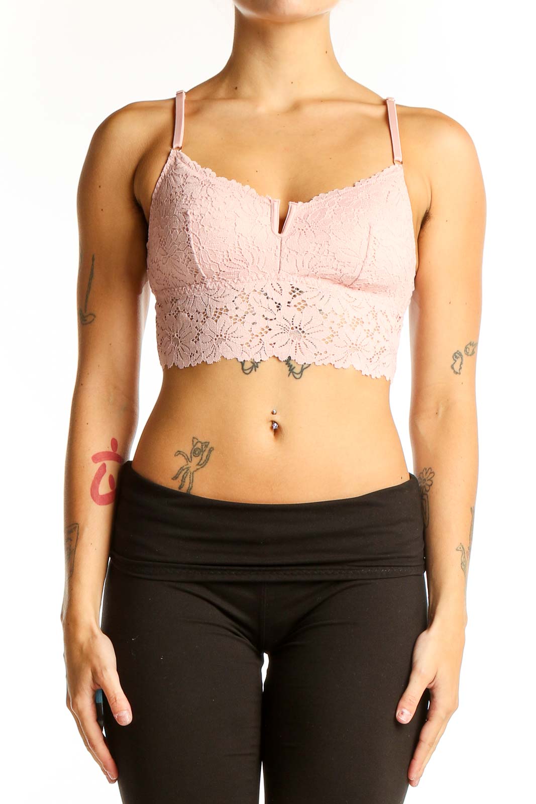 Front view of Pink Victoria's Secret lace crop top bralette in light pink