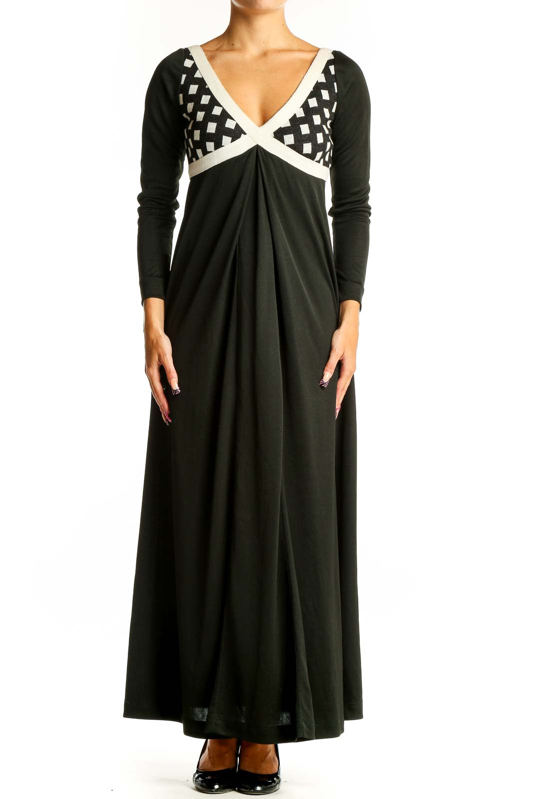Front view of I.MAGNIN black maxi dress with geometric print bodice and white trim