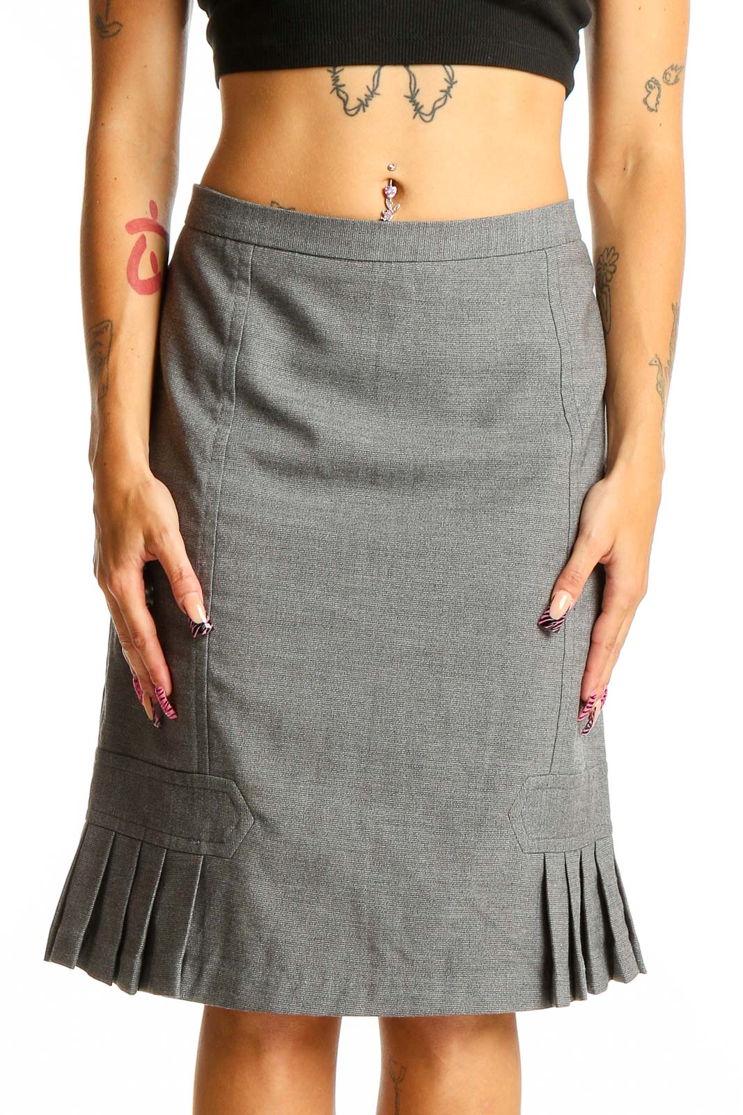 Front view of Max Studio gray pleated pencil skirt