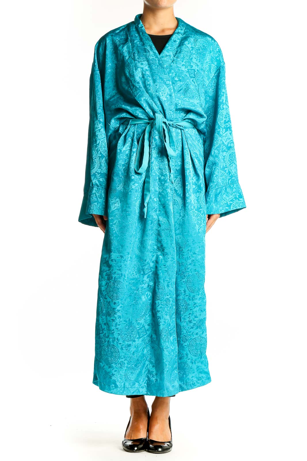 Front view of teal floral jacquard robe dress from Victoria's Secret