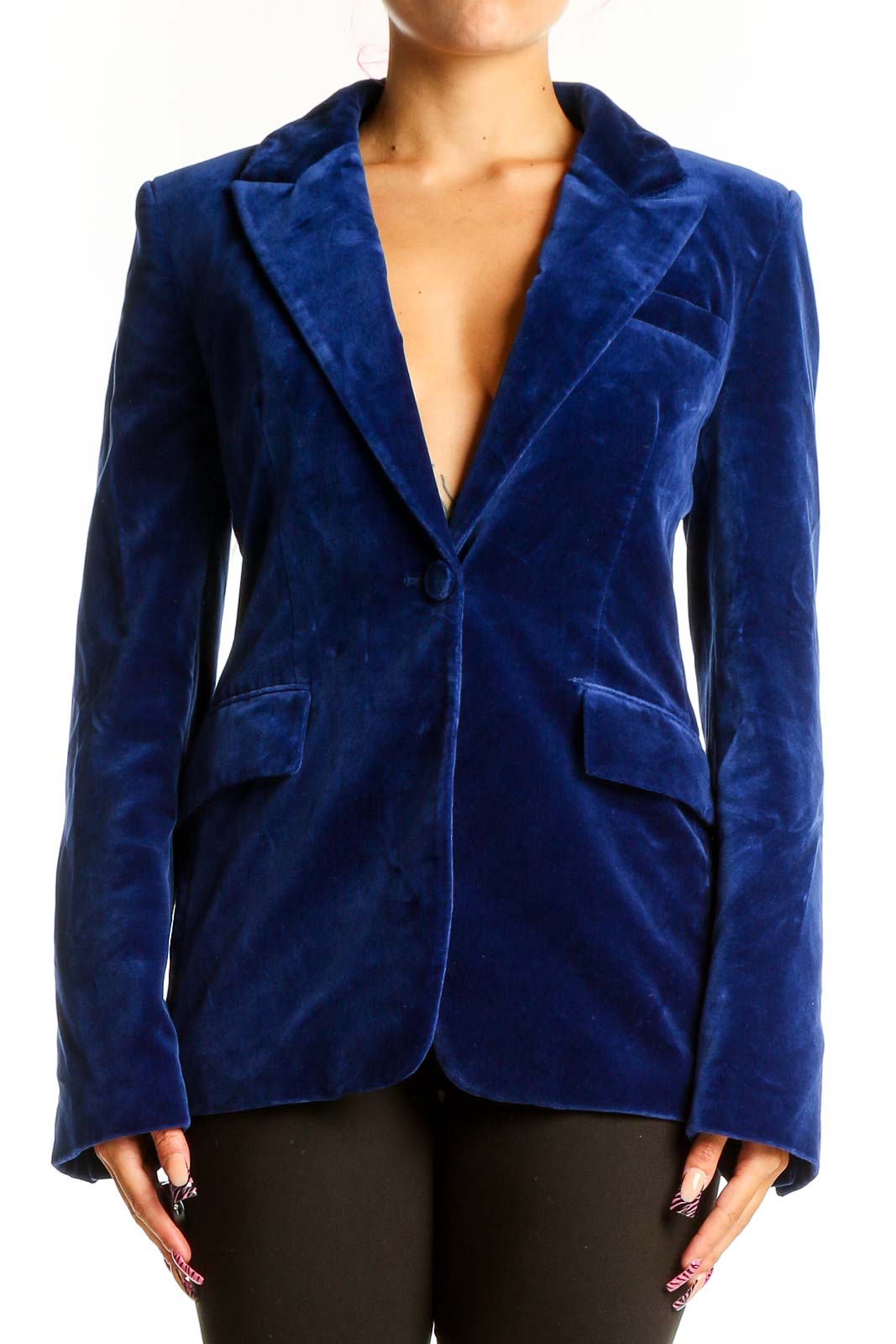 Front view of Zara royal blue velvet blazer with single button closure