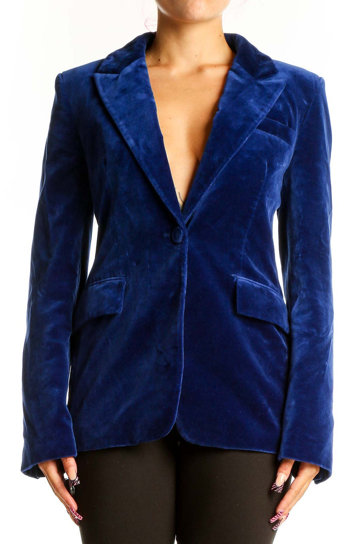 Front view of Zara royal blue velvet blazer with single button closure