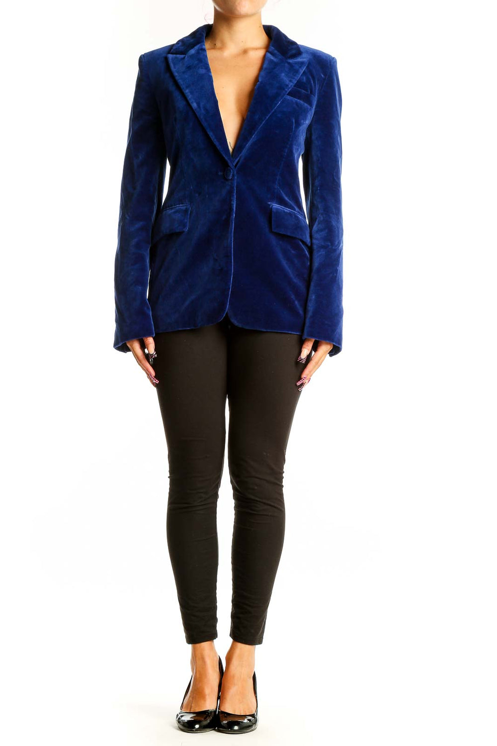 Front view of Zara royal blue velvet blazer with single button closure