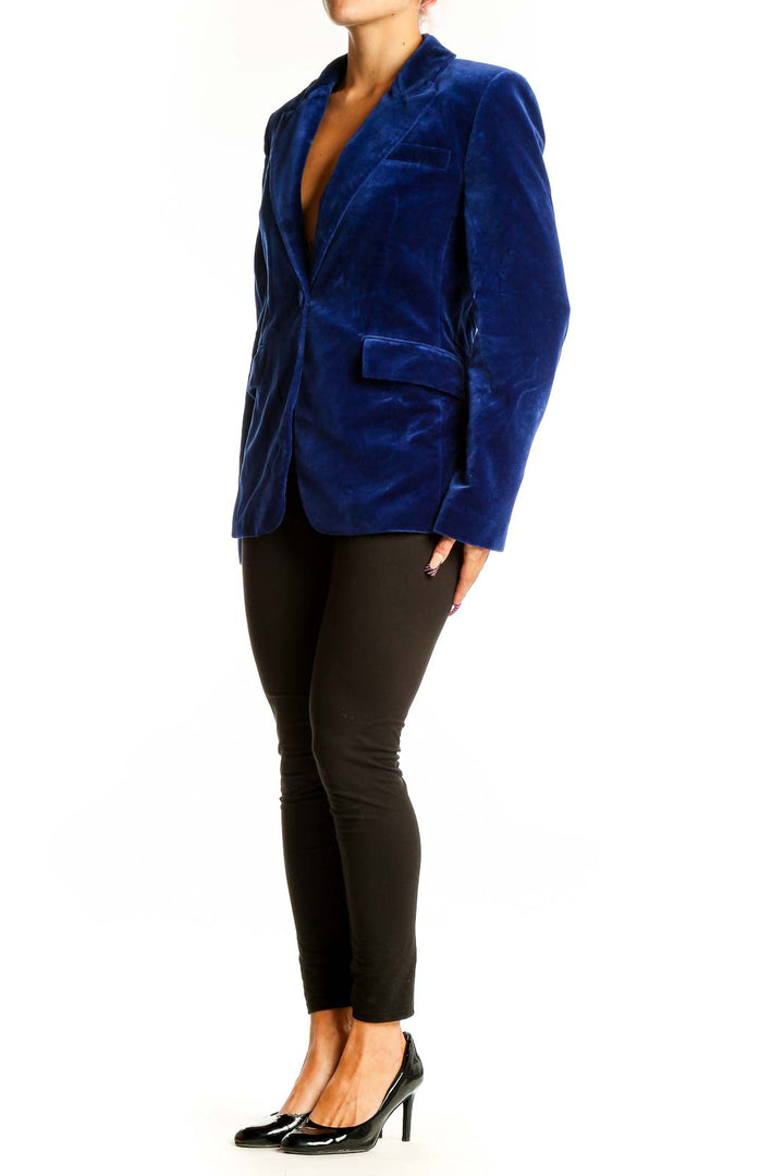 Front view of Zara royal blue velvet blazer with single button closure