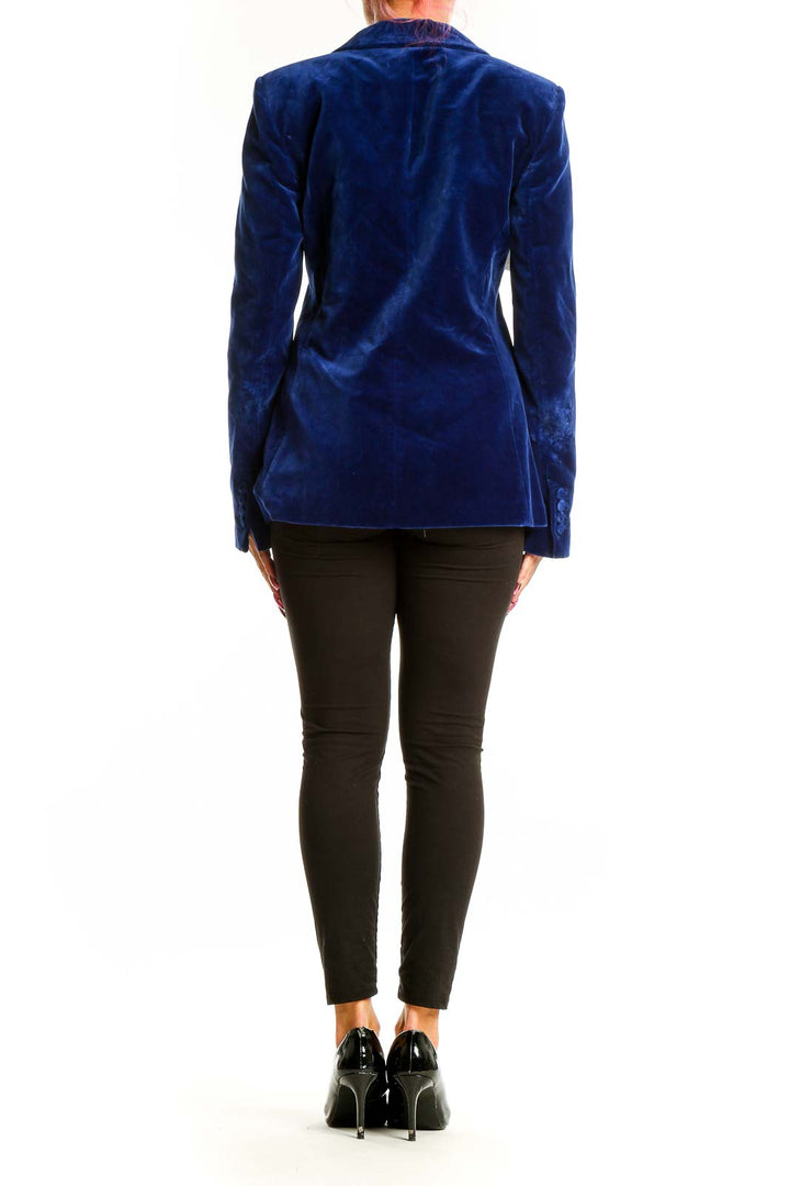 Side view of Zara royal blue velvet blazer showing fitted silhouette