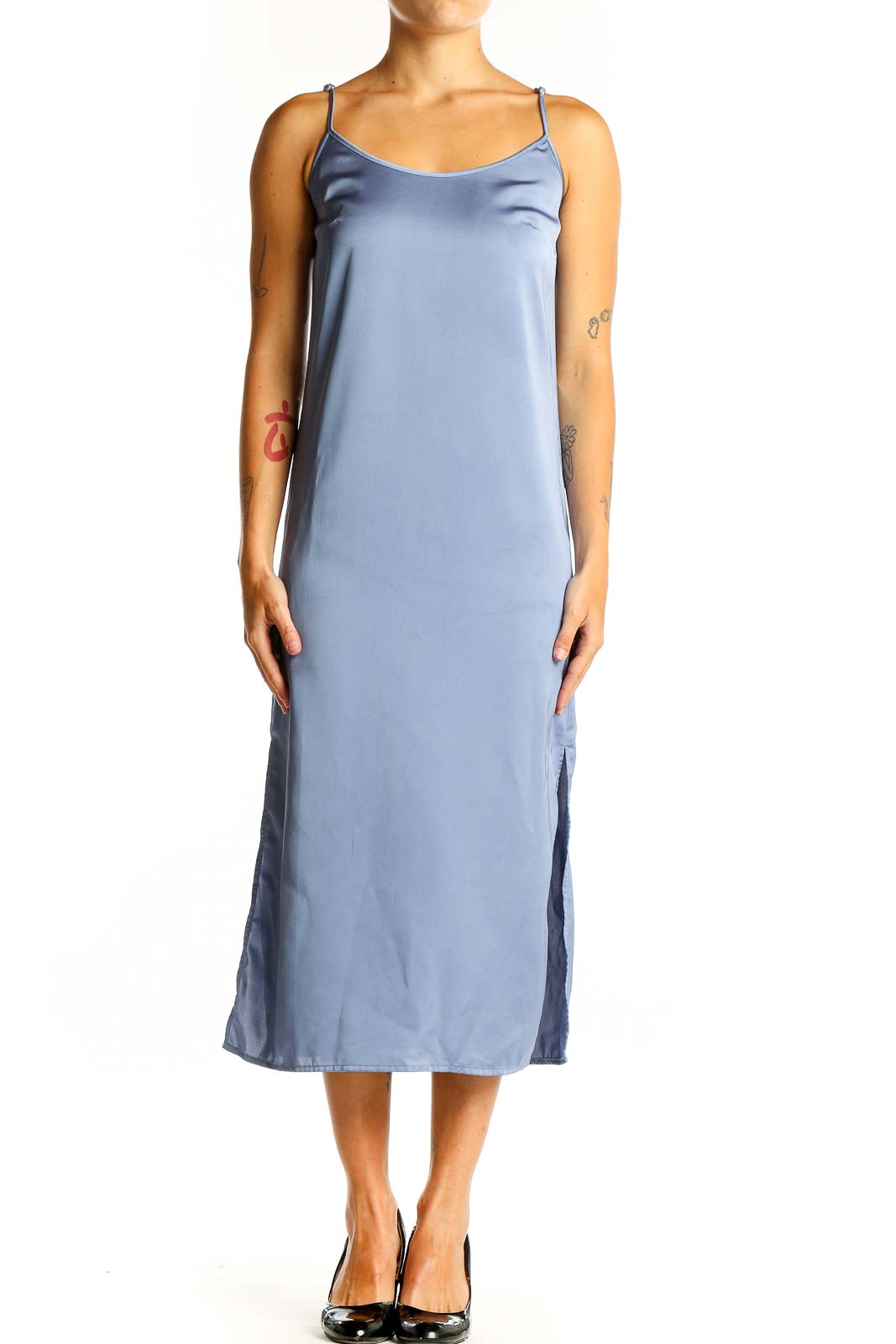 Front view of J.Crew blue satin slip midi dress with spaghetti straps