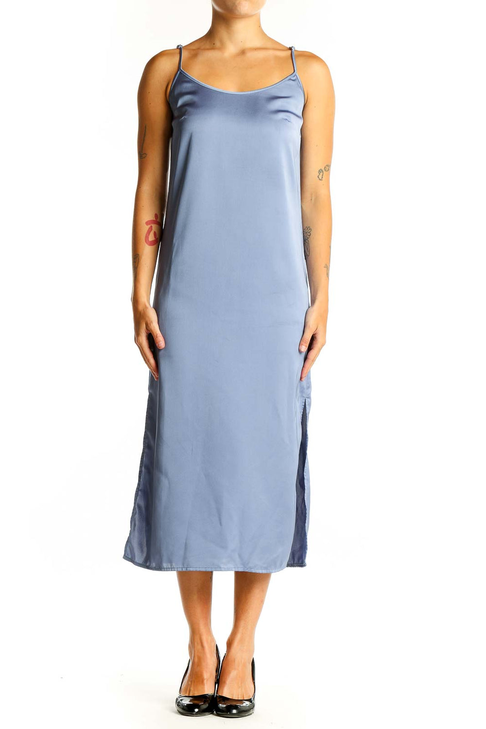 Front view of J.Crew blue satin slip midi dress with spaghetti straps