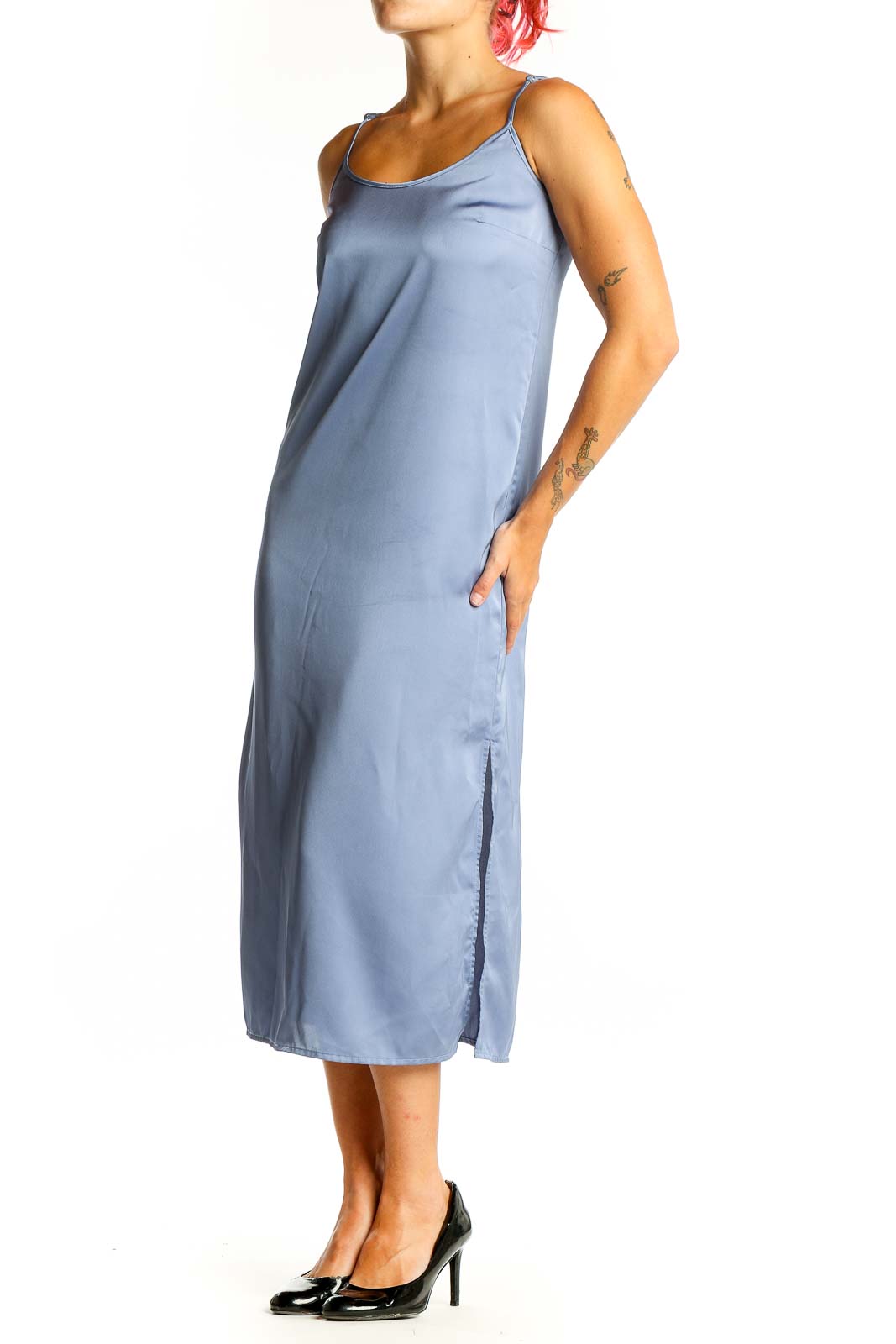 Front view of J.Crew blue satin slip midi dress with spaghetti straps