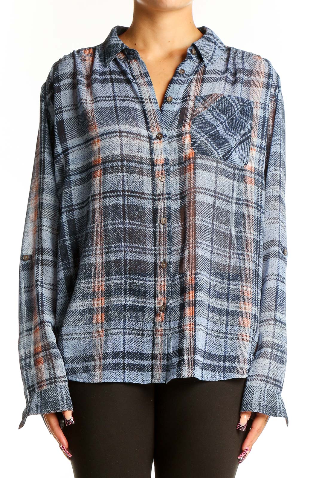Front view of Two by Vince Camuto blue plaid polyester button-up shirt