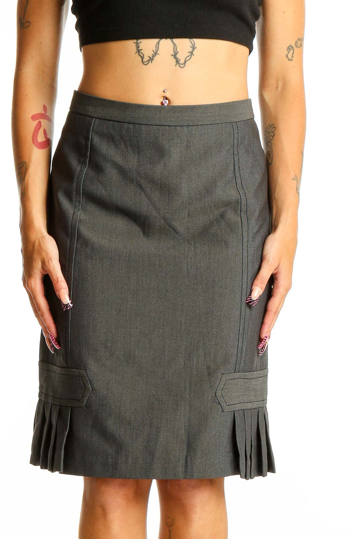 Front view of gray Max Studio pencil skirt with pleated hem