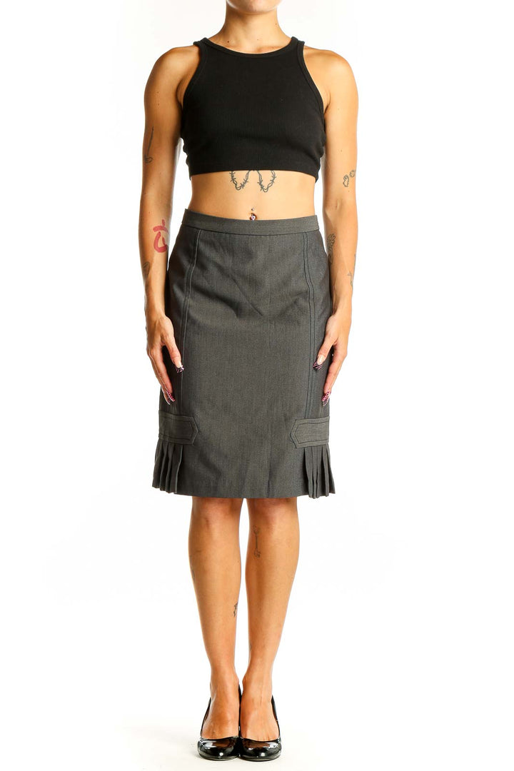 Front view of gray Max Studio pencil skirt with pleated hem