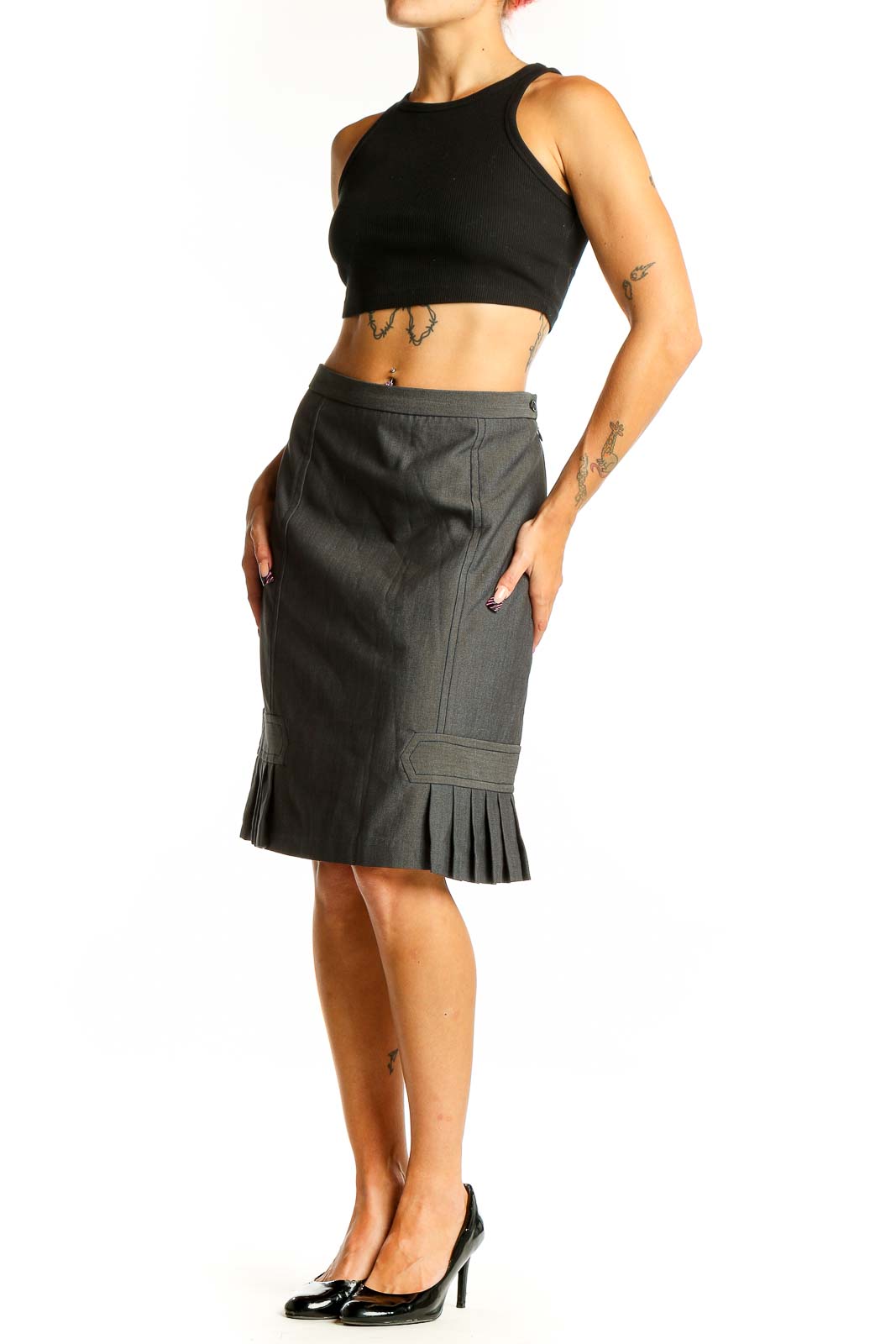 Front view of gray Max Studio pencil skirt with pleated hem
